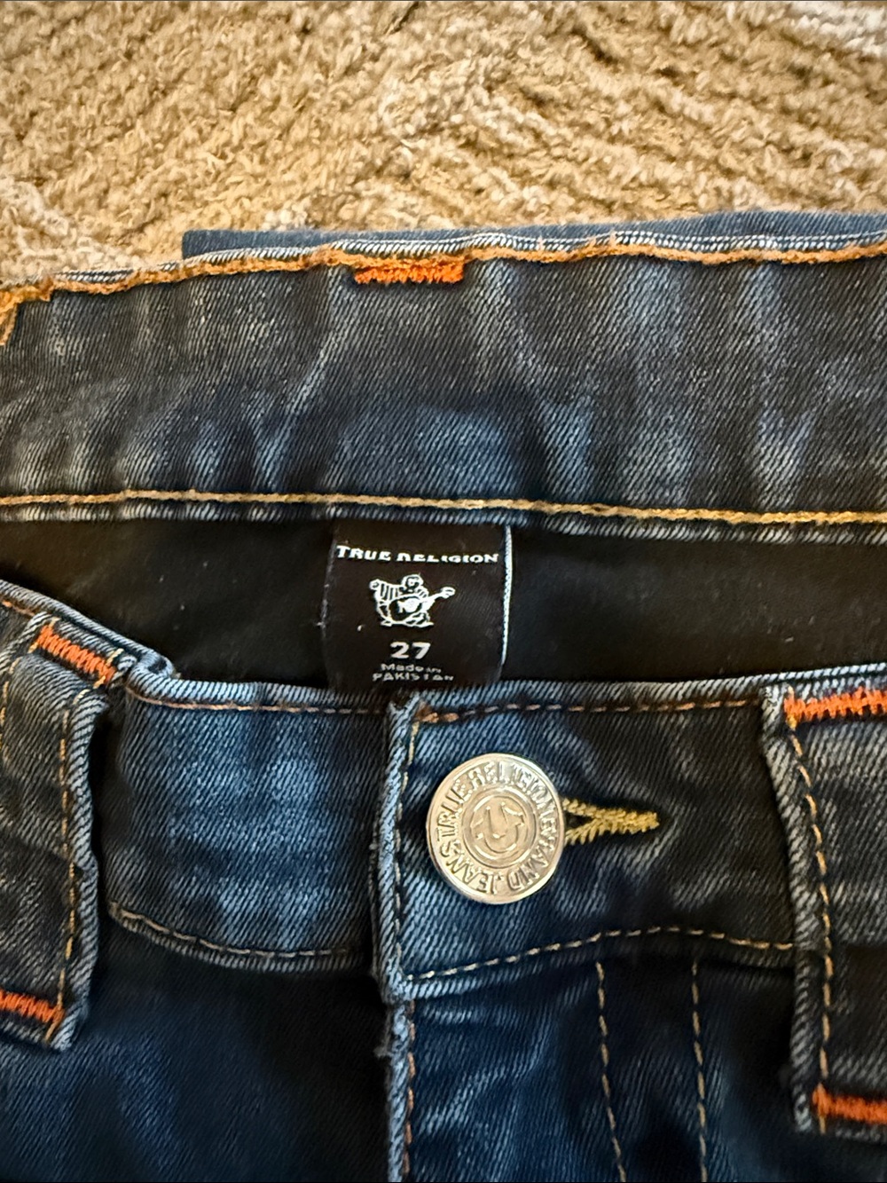 True Religion Blue Denim Jeans with Yellow Stitching and Orange Accents - Picture 2 of 7